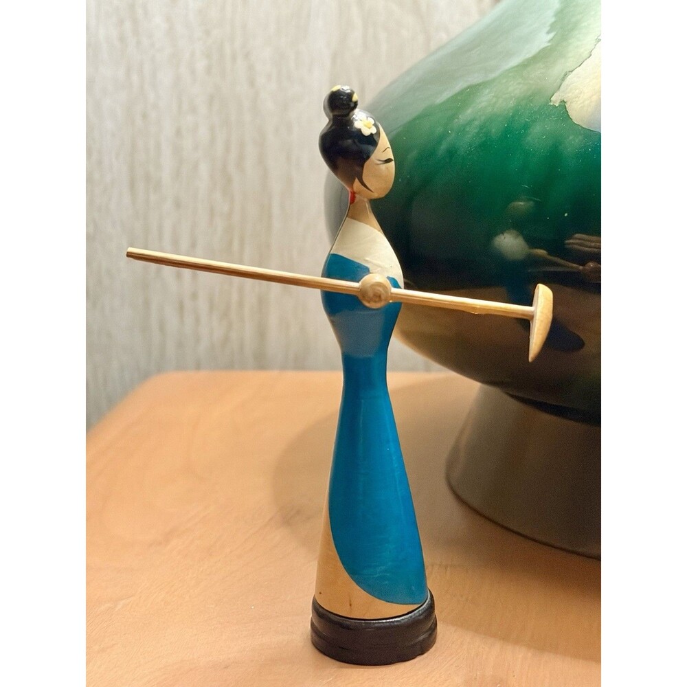 Vintage Japanese Kokeshi Sosaku Doll Figurine Painted Spindle Wood 50's Blue